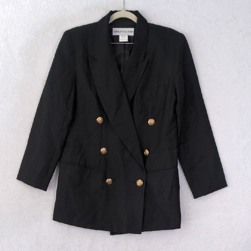 Adolfo Studio Women's Black Linen Blend Professional Blazer Jacket Size 8 Petite